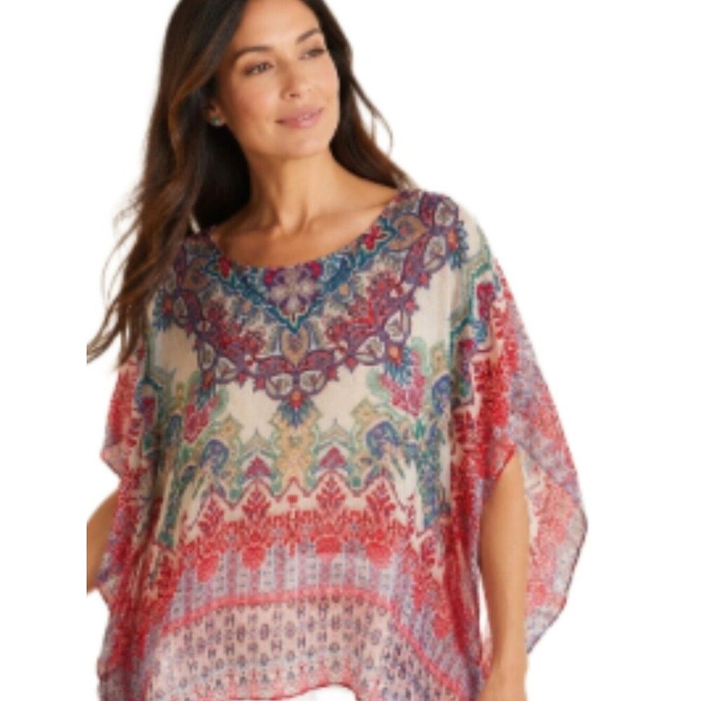 Chico's 100% Linen Colorful Sheer Batwing Sleeve Blouse Swim Cover Up, L/XL